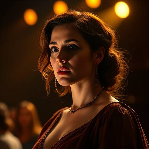 Atriz interpretando uma cena dramática no teatro, com iluminaäão teatral focada nela.