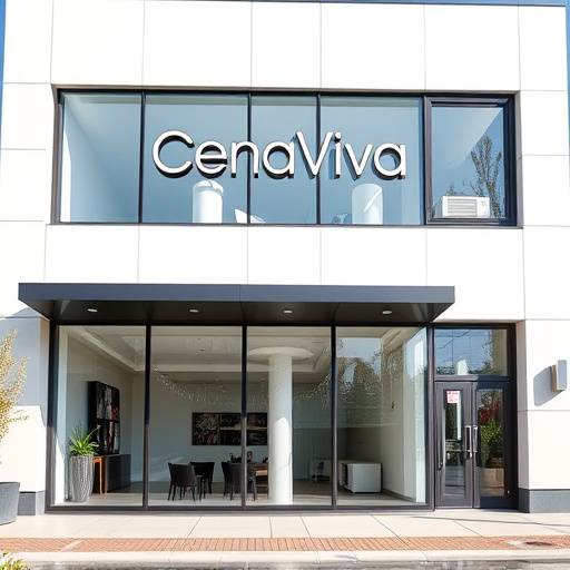 Fachada do Estüdio CenaViva, um prédio moderno com grandes janelas e o logo da empresa visível.