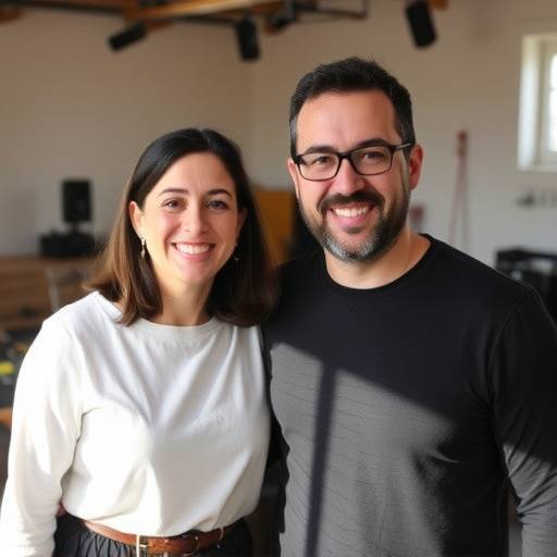 Foto de Maria Oliveira e Ricardo Almeida, fundadores do Estüdio CenaViva, sorrindo e em um ambiente de ensaio.