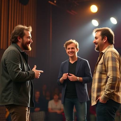 Grupo de atores praticando improvisaäão em um palco, sorrindo e interagindo.