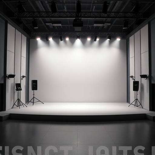Interior do Estüdio CenaViva, com um palco e iluminaäão profissional