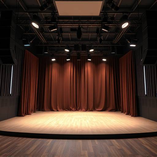 Interior do Estüdio CenaViva, com um palco e iluminaäão profissional
