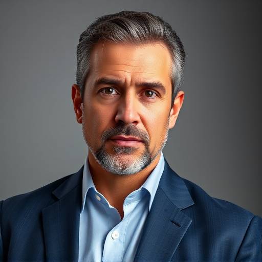 Retrato de Pedro Gomes, com um semblante sério e profissional